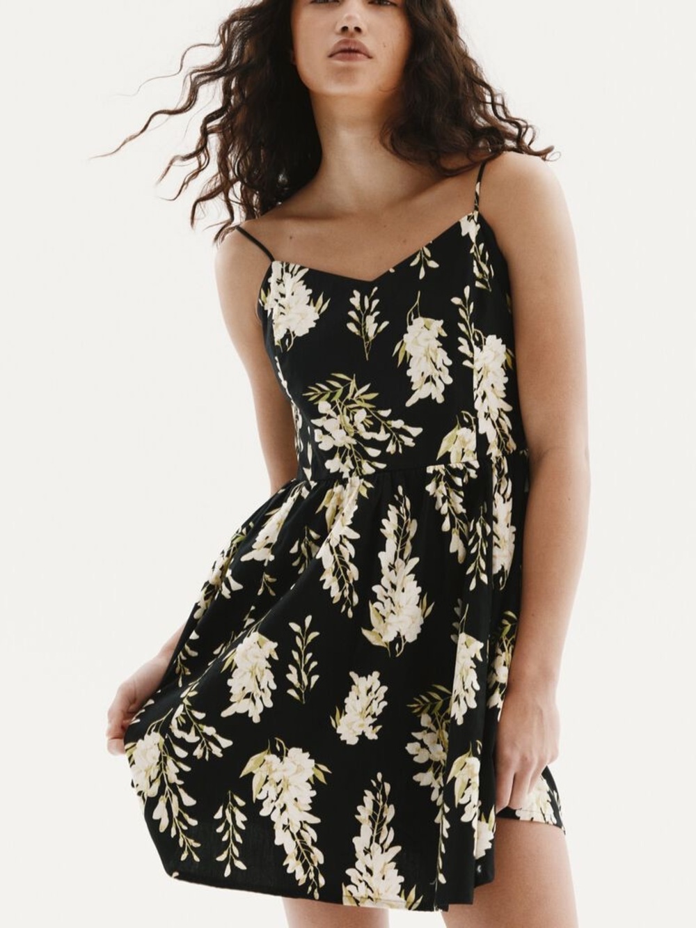 H&M Black Mini Dress with White Floral Print